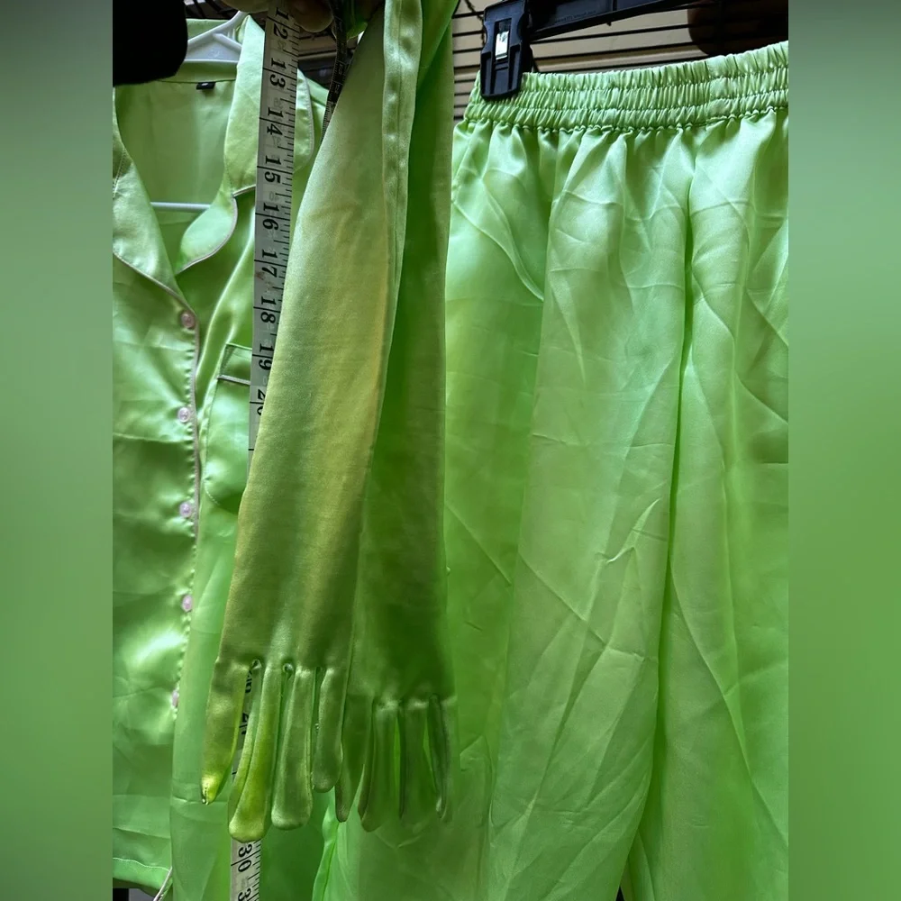 LIME GREEN SHINY Shimmer Pajama Set With Gloves Size Small Like New Pink Trim - Picture 10 of 11